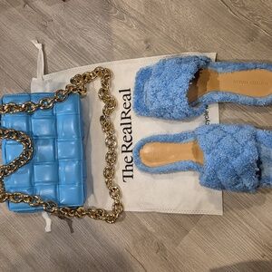 Bottega Veneta Blue Fuzzy Women's Slides Size 8-8½ & Bag